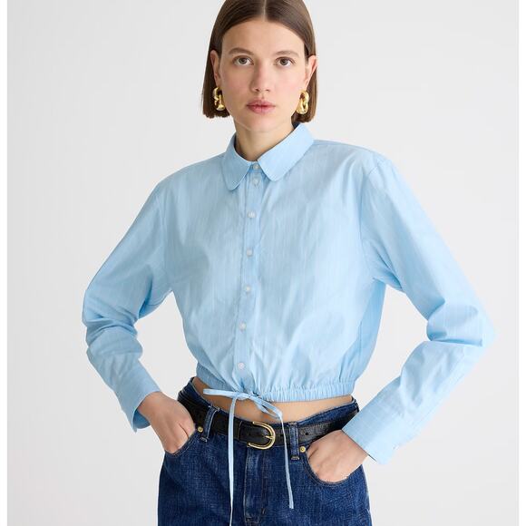 J.Crew Cropped Fitted Waist Button Up Shirt Striped Blue Minimalist Large NWT - Picture 1 of 14